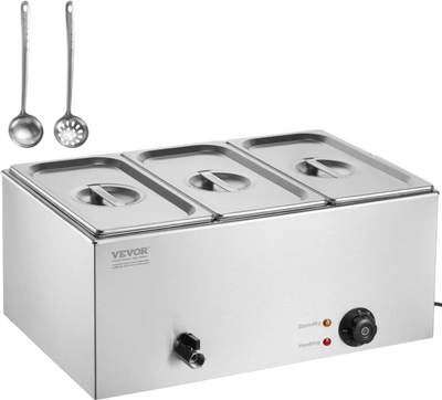 VEVOR 3-Pan Commercial Food Warmer, 17.4QT Electric Steam Table, 1200W Professional Countertop Stainless Steel Buffet Bain Marie with 86-185°F Temp Control for Catering and Restaurants, Silver