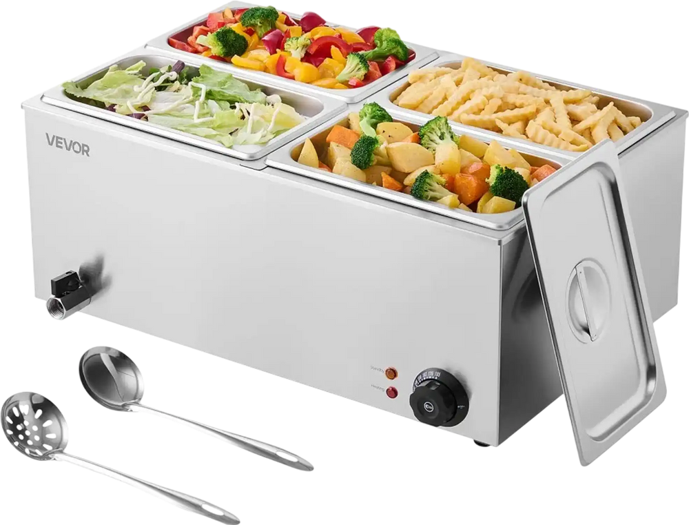 VEVOR 24QT Commercial Food Warmer, 4-Pan Electric Steam Table, 1200W Professional Countertop Stainless Steel Buffet Bain Marie with 86-185°F Temp Control for Catering, Buffet, Parties, Restaurants