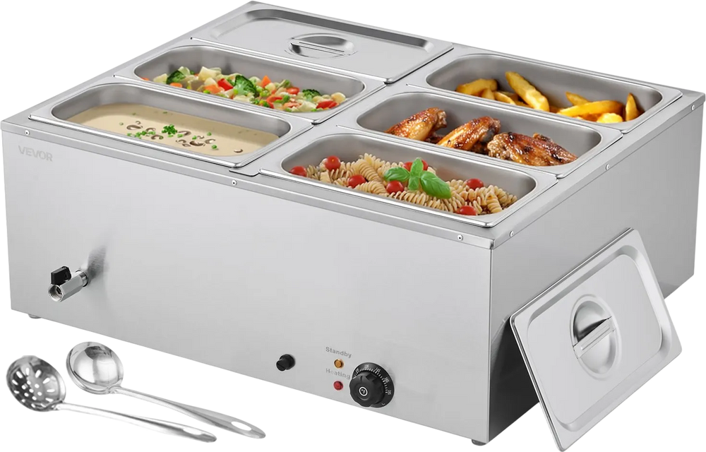 VEVOR Commercial Food Warmer, 1500W Electric Stainless Steel Steam Food Warmer with Lid, 6-Pan Fast Heating Countertop Buffet Bain Marie with Soup & Perforated Ladles, for Catering, Restaurant, Party