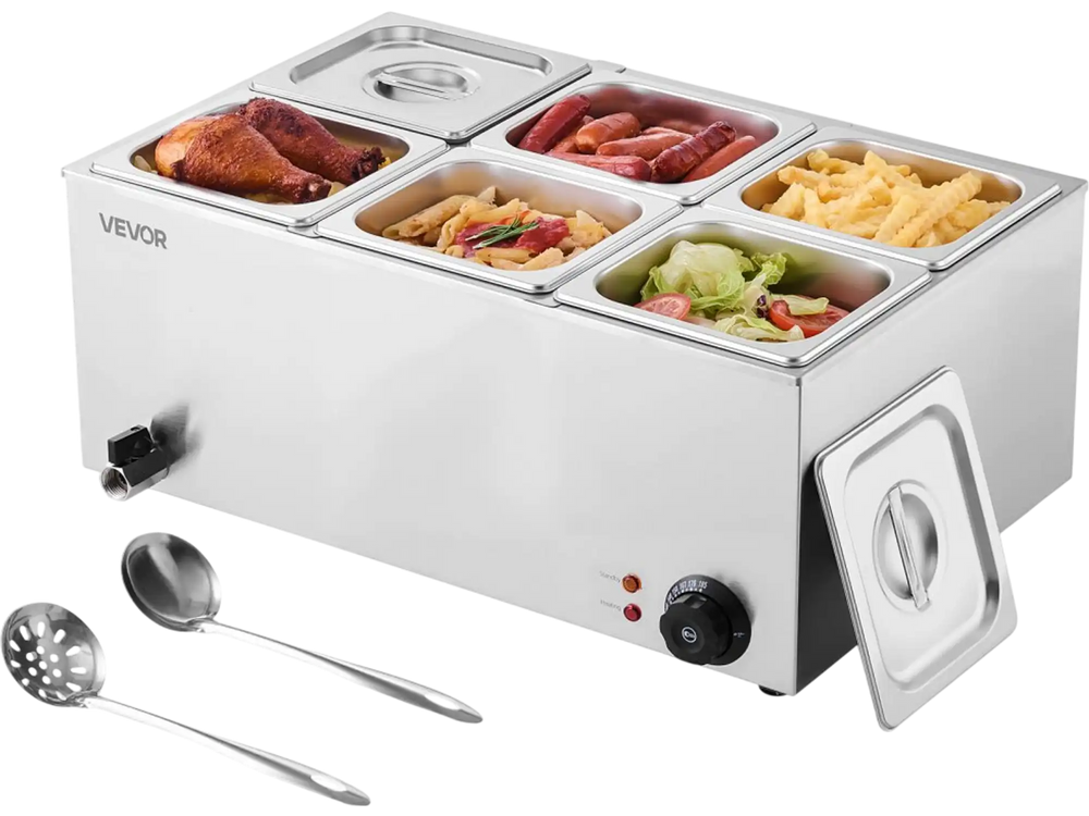 VEVOR 24QT Commercial Food Warmer, 6-Pan Electric Steam Table, 1200W Professional Countertop Stainless Steel Buffet Bain Marie with 86-185°F Temp Control for Catering, Buffet, Parties, Restaurants
