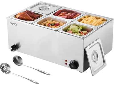VEVOR 24QT Commercial Food Warmer, 6-Pan Electric Steam Table, 1200W Professional Countertop Stainless Steel Buffet Bain Marie with 86-185°F Temp Control for Catering, Buffet, Parties, Restaurants