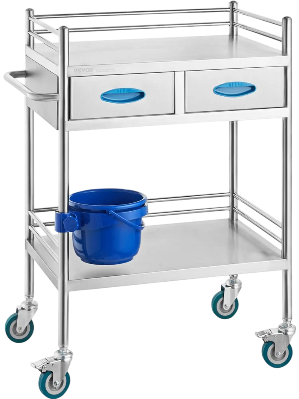 VEVOR Lab Serving Cart, 2 Layers Stainless Steel Utility Rolling Cart, Medical Cart with Two Drawers, Dental Utility Cart with Lockable Wheels and A Bucket, for Laboratory, Hospital, Dental Use