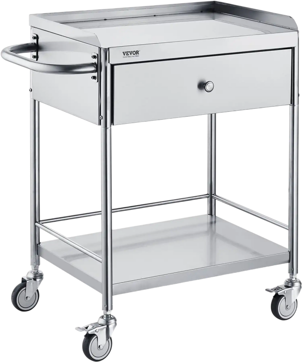 VEVOR Medical Cart, 2-Layer Stainless Steel Cart 220 lbs Weight Capacity, Lab Utility Cart with 360° Silent Wheels and a Drawer for Lab, Clinic, Kitchen, Salon
