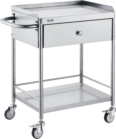 VEVOR Medical Cart, 2-Layer Stainless Steel Cart 220 lbs Weight Capacity, Lab Utility Cart with 360° Silent Wheels and a Drawer for Lab, Clinic, Kitchen, Salon