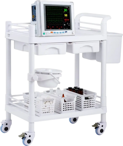 VEVOR 2 Tiers Lab Carts, Lab Utility Cart with 2 Trays, 2 Drawers & 4 Silent Wheels, Mobile Medical Cart with PP Material, Lab Rolling Cart with 3 Trash Cans for Lab, Clinic, Hospital, Salon, White