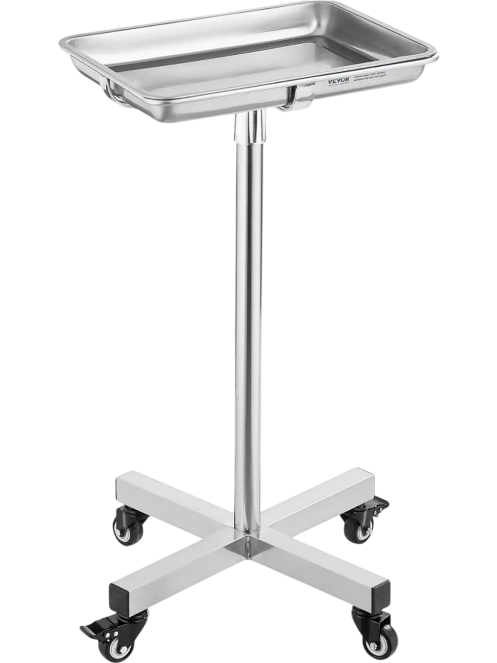 VEVOR Mayo Stand, Stainless Steel Mayo Tray, Load Capacity up to 35 lbs, Adjustable Height 25.2"-39.8", Medical Tray on Wheels with Removable Tray for Spa, Salon, Clinic, Personal Care