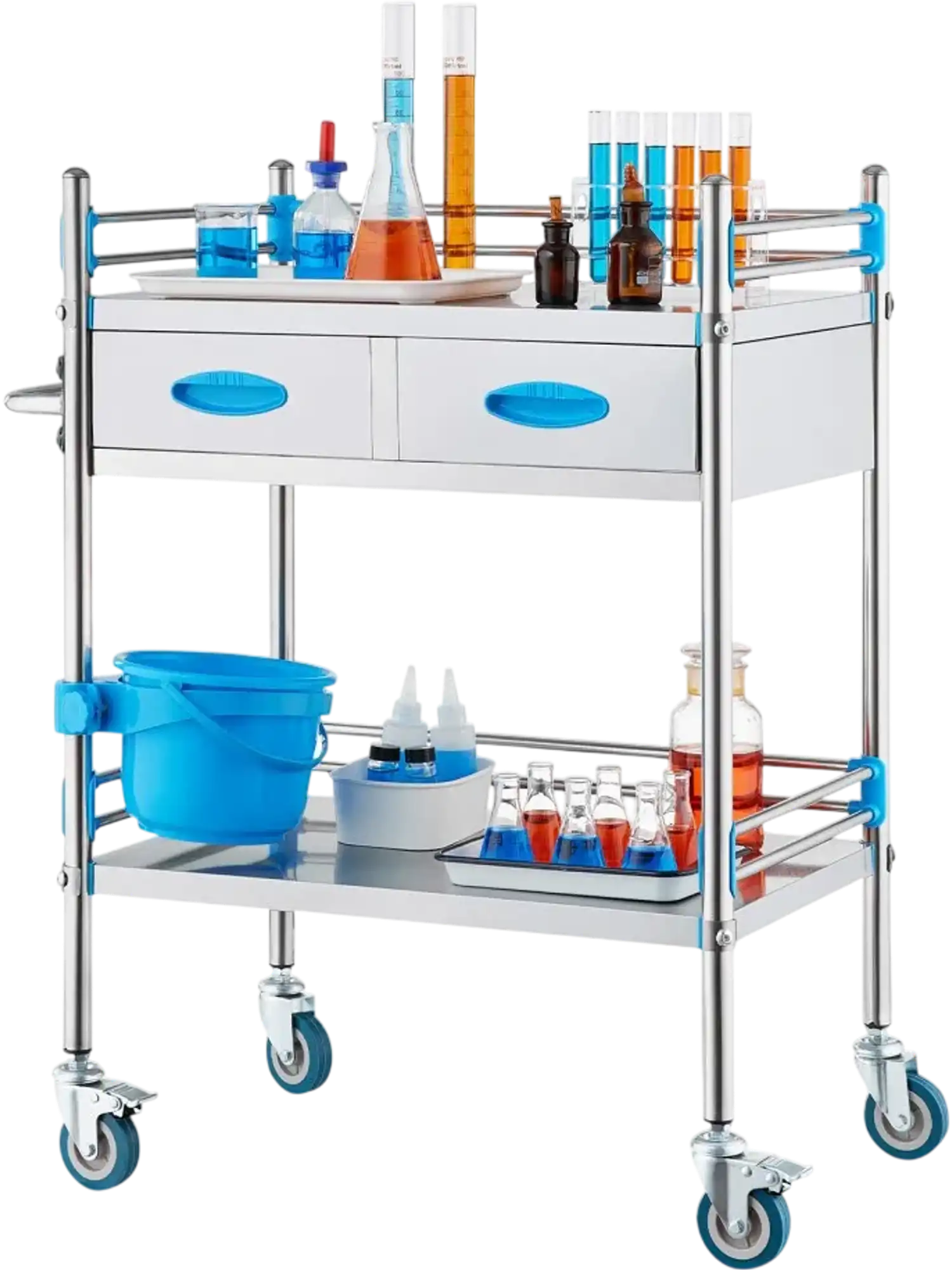 Vevor Lab Cart 2-Tier Stainless Steel Rolling Utility Trolley with 2 Drawers New