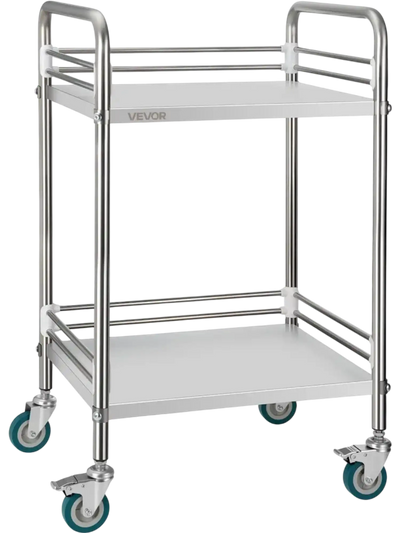 VEVOR Stainless Steel Cart, 2-Tier Rolling Lab Utility Cart with Lockable Wheels, Medical Serving Trolley Clinic Tray, Heavy Duty Mobile Service Storage Tray for Hospital, Restaurant, Kitchen, Salon