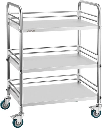 Vevor Utility Cart Stainless Steel 3-Tier Rolling Lab Cart with Lockable Wheels New