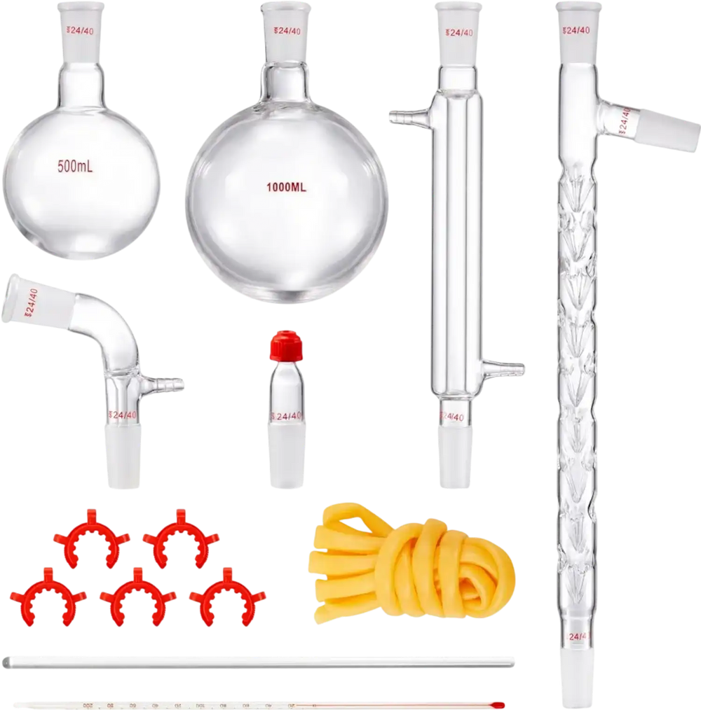 VEVOR Lab Distillation Kit, 3.3 Boro Lab Glassware Distillation Kit with 24, 40 Joint, 1000ml Essential Oil Distillation Apparatus Kit, 14 pcs Set of Glassware Equipment