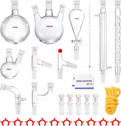 VEVOR Lab Distillation Kit, 3.3 Boro Lab Glassware Distillation Kit with 24, 40 Joint, 1000ml Essential Oil Distillation Apparatus Kit, 29 pcs Set of Glassware Equipment