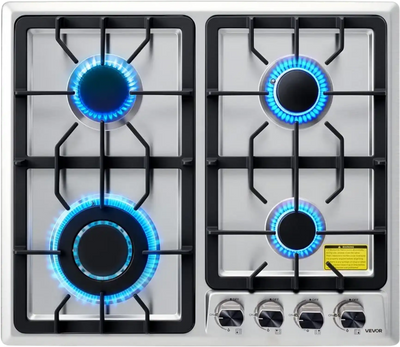 VEVOR 24 inch Gas Cooktop 4 Burners Gas Stove Top, Max 27000BTU Built-in Stainless Steel Stove Top LPG/NG Convertible Dual Fuel Cooktop Stoves with Thermocouple Protection for Kitchen Apartment Rvs