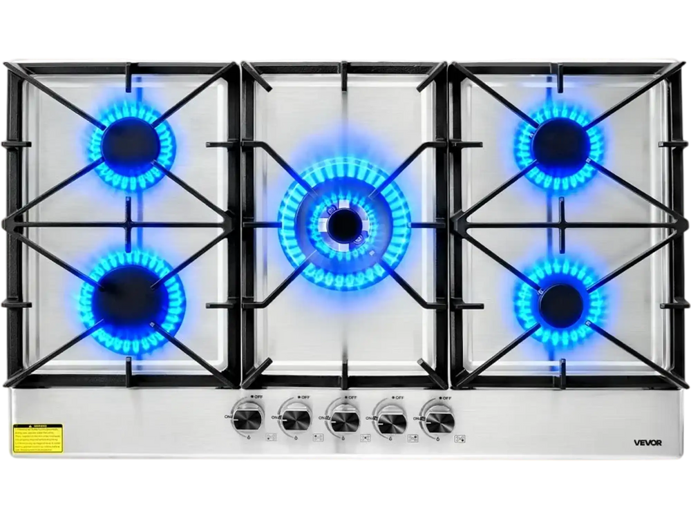 VEVOR 36 inch Gas Cooktop 5 Burners Gas Stove Top, Max 38300BTU Built-in Stainless Steel Stove Top LPG/NG Convertible Dual Fuel Cooktop Stoves with SABAF Dual-Ring Burner for Kitchen Apartment Rvs
