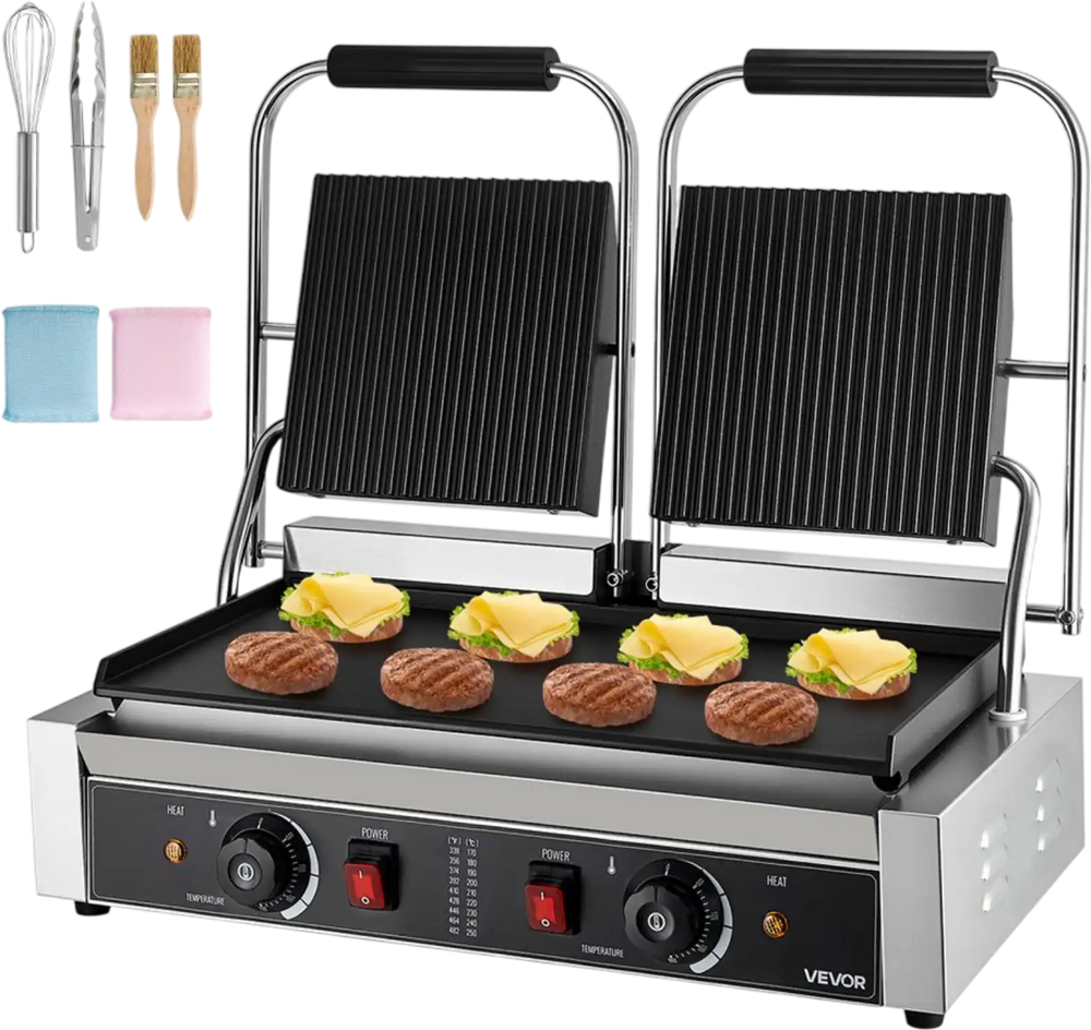 VEVOR Commercial Panini Grill, 3600W Electric Sandwich Panini Maker, Stainless Steel Double Sandwichs Press Grill with Handle and Temp Control, 19x9 in Flat Enamel Plate for Hamburger Steak Bacon