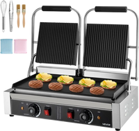 VEVOR Commercial Panini Grill, 3600W Electric Sandwich Panini Maker, Stainless Steel Double Sandwichs Press Grill with Handle and Temp Control, 19x9 in Flat Enamel Plate for Hamburger Steak Bacon