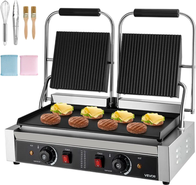 VEVOR Commercial Panini Grill, 3600W Electric Sandwich Panini Maker, Stainless Steel Double Sandwichs Press Grill with Handle and Temp Control, 19x9 in Flat Enamel Plate for Hamburger Steak Bacon