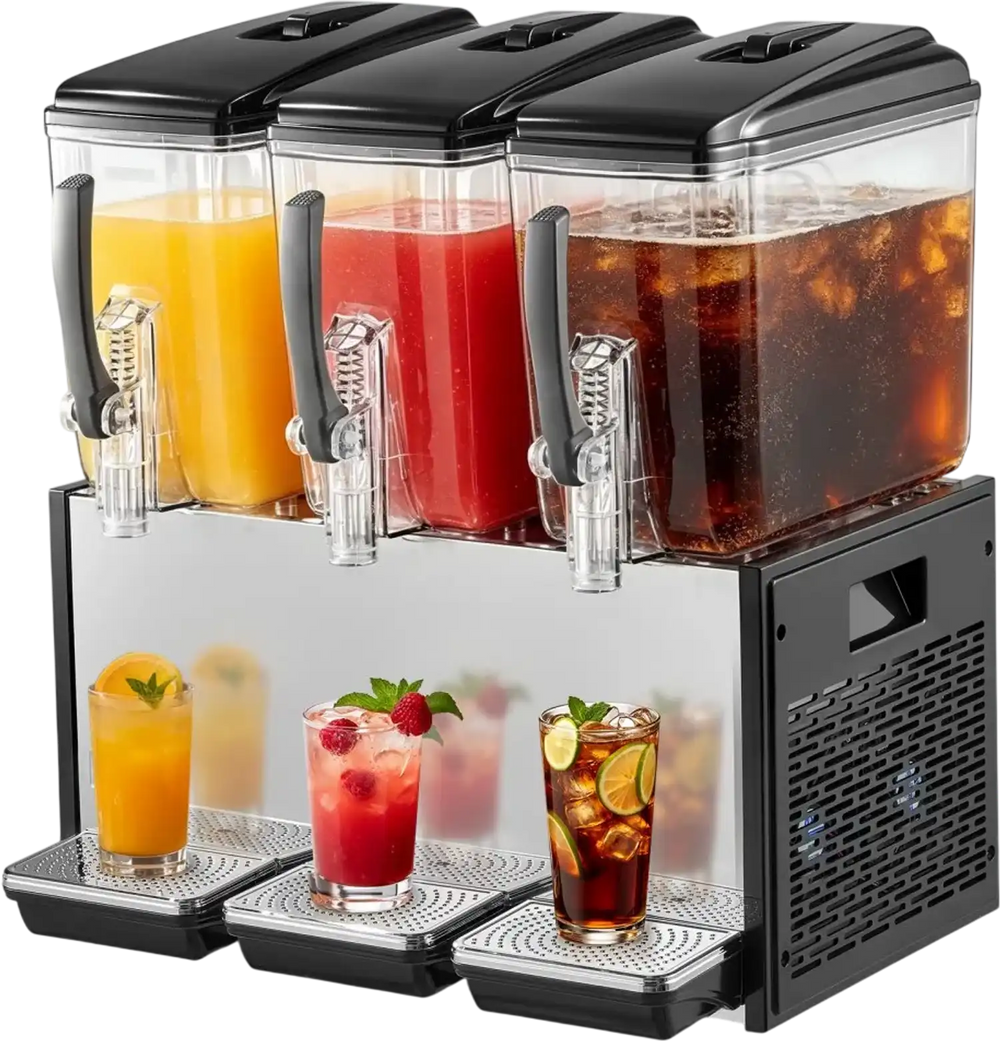 VEVOR Commercial Beverage Dispenser 3 Tanks 12 L / 12.7 QT Per Tank, Stainless Steel Juice Dispenser, Ice Tea Drink Machine with 45℉ to 54℉ Cooling Temperature, for Cold Drink Restaurant Bar Party