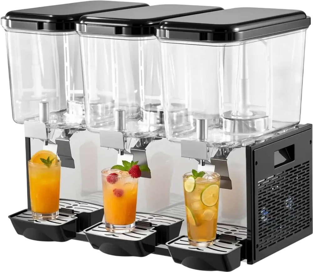 VEVOR Commercial Beverage Dispenser 3 Tanks 18 L / 19 QT Per Tank, Stainless Steel Juice Dispenser, Ice Tea Drink Machine with 45℉ to 54℉ Cooling Temperature, for Cold Drink Restaurant Bar Party