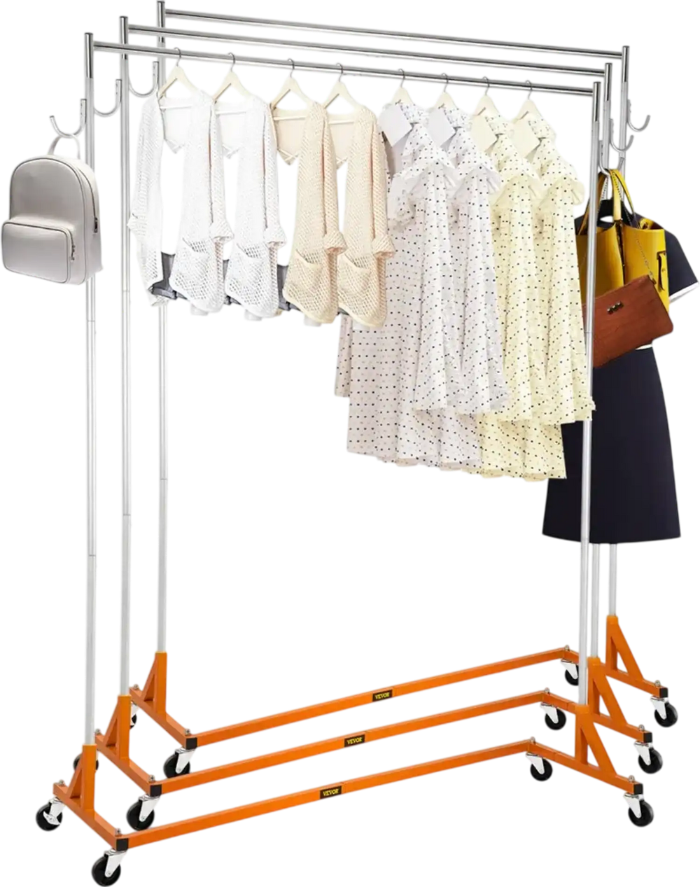 VEVOR Z Rack, Industrial Grade Z Base Garment Rack, Height Adjustable Rolling Z Garment Rack, Sturdy Steel Z Base Clothing Rack with Lockable Casters, for Home Clothing Store Display Orange (3 Sets)
