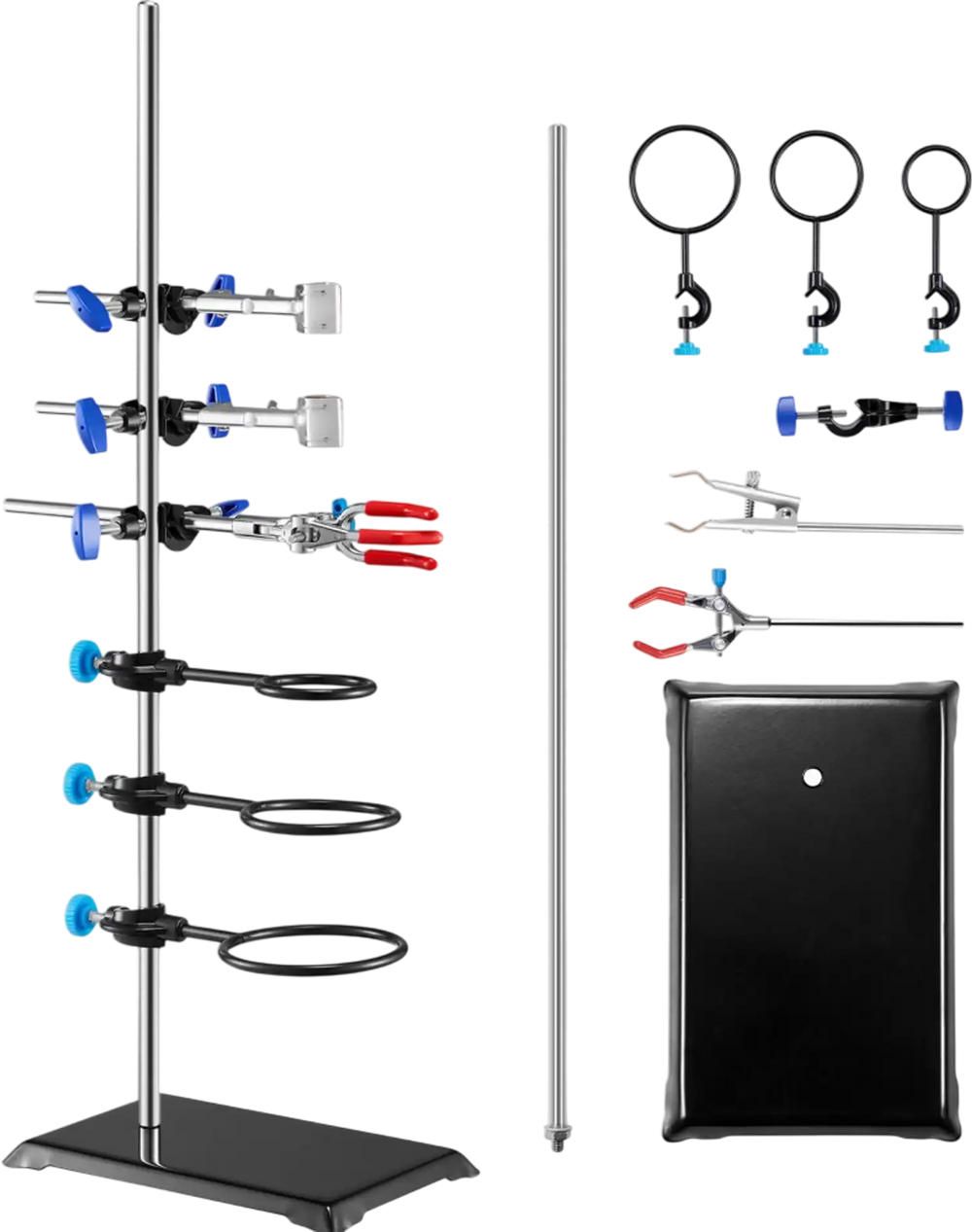VEVOR Lab Stand Support, Laboratory Retort Support Stand Set, Steel Lab Stand 23.6" Rod and 8.3" x 5.3" Cast Iron Base, Includes Flask Clamps, a Burette Clamp and Cross Clamps