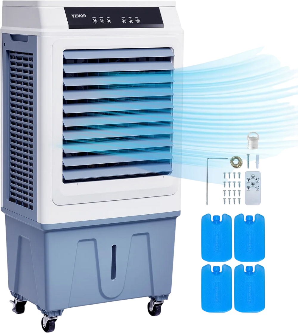 VEVOR Evaporative Air Cooler, 3100 CFM with 9 Gallon Water Tank Swamp Cooler, Portable Cooling Fan with Remote Control, 12H Timer, 4 Ice Boxes, Quiet Operation, 3 Wind Speeds for Outdoor Indoor Use