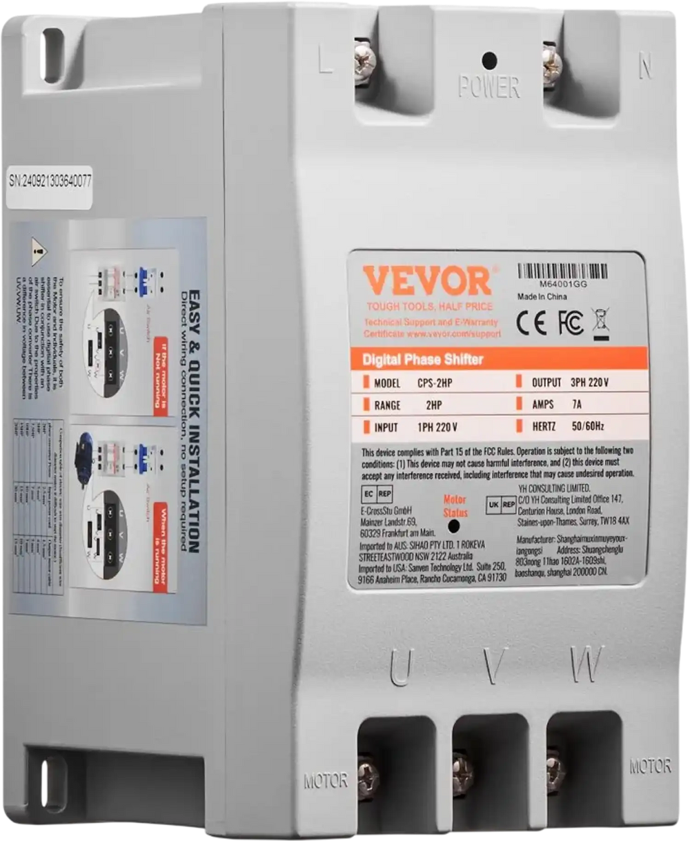 VEVOR 3 Phase Converter - 2HP 7A 220V Single Phase to 3 Phase Converter, 220V Input/Output, Digital Phase Shifter for Residential & Light Commercial Use (One Converter for One Motor Only)