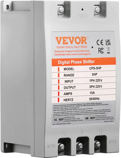 VEVOR 3 Phase Converter - 5HP 15A 220V Single Phase to 3 Phase Converter, Digital Phase Shifter for Residential and Light Commercial Use, 220V Input/Output (One Converter for One Motor Only)