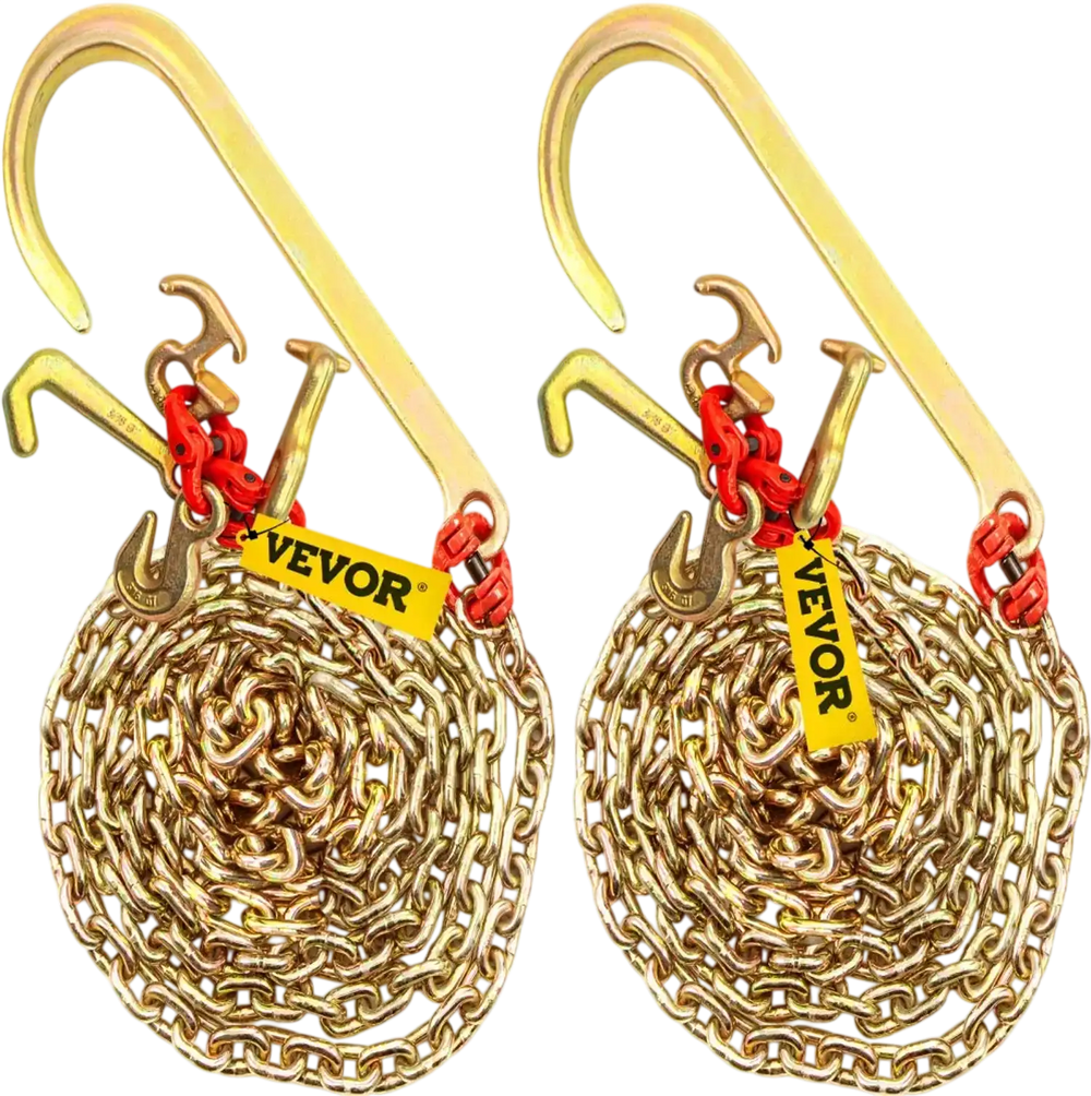 VEVOR J Hook Chain, 2PCS 5/16" x 10' G80 15" Long Shank J Hook Tow Chain with RTJ Cluster Hook & Grab Hook, 5400 lbs Working Load, Heavy Duty Transport Truck Chain for Wrecker Recovery Trailer Towing