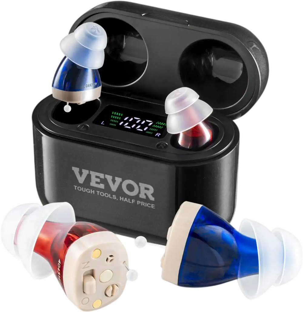 VEVOR Hearing Aids for Seniors, Rechargeable Hearing Amplifiers With Noise Cancelling and Volume Control, Digital In-Ear Hearing Assist Device with Charging Case and 8 Pair of Ear Domes