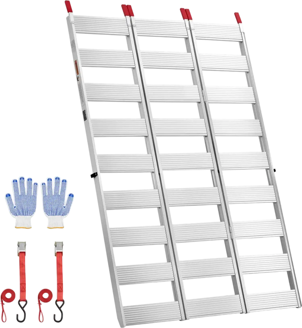 VEVOR Aluminum Trailer Ramps, 76 x 50 in Tri-Folding Truck Ramps with Straps & Non-Slip Rubber Fingers, 1500LBS Capacity ATV Loading Ramps for Pickup Trucks, Motorcycles, Lawn Mowers, Tractors, Carts