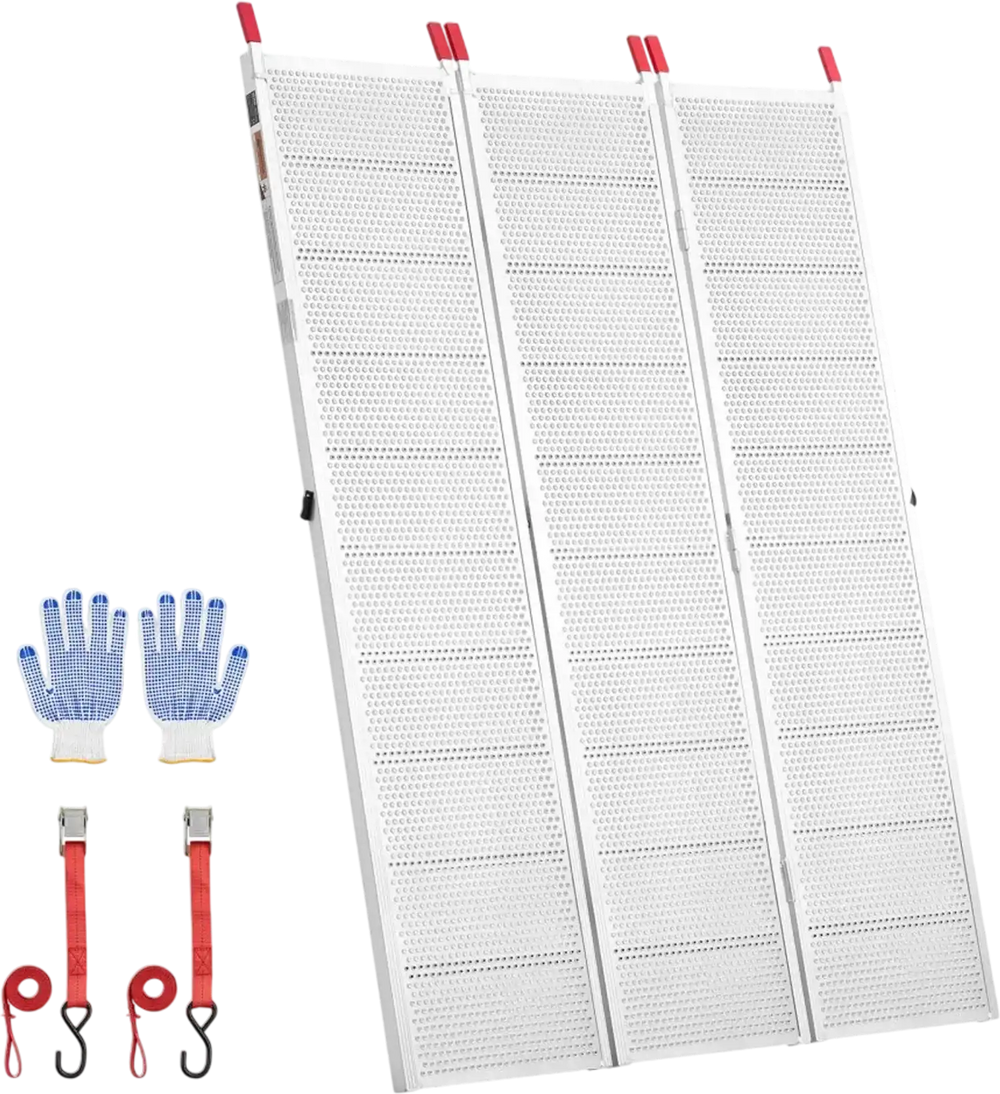 VEVOR Aluminum Trailer Ramps, 76 x 54 in Tri-Folding Truck Ramps with Straps & Non-Slip Rubber Fingers, 1500LBS Capacity ATV Loading Ramps for Pickup Trucks, Motorcycles, Lawn Mowers, Tractors, Carts