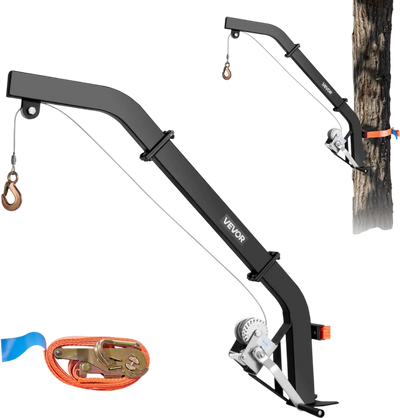 VEVOR Tree Mounted Deer Hoist, 353 lbs Load Capacity, Hunting Game Hoist Winch Lift with Ratchet Strap, Heavy Duty Deer Hanger for Skinning, Cleaning, Hanging Feed, and Field Dressing, Black