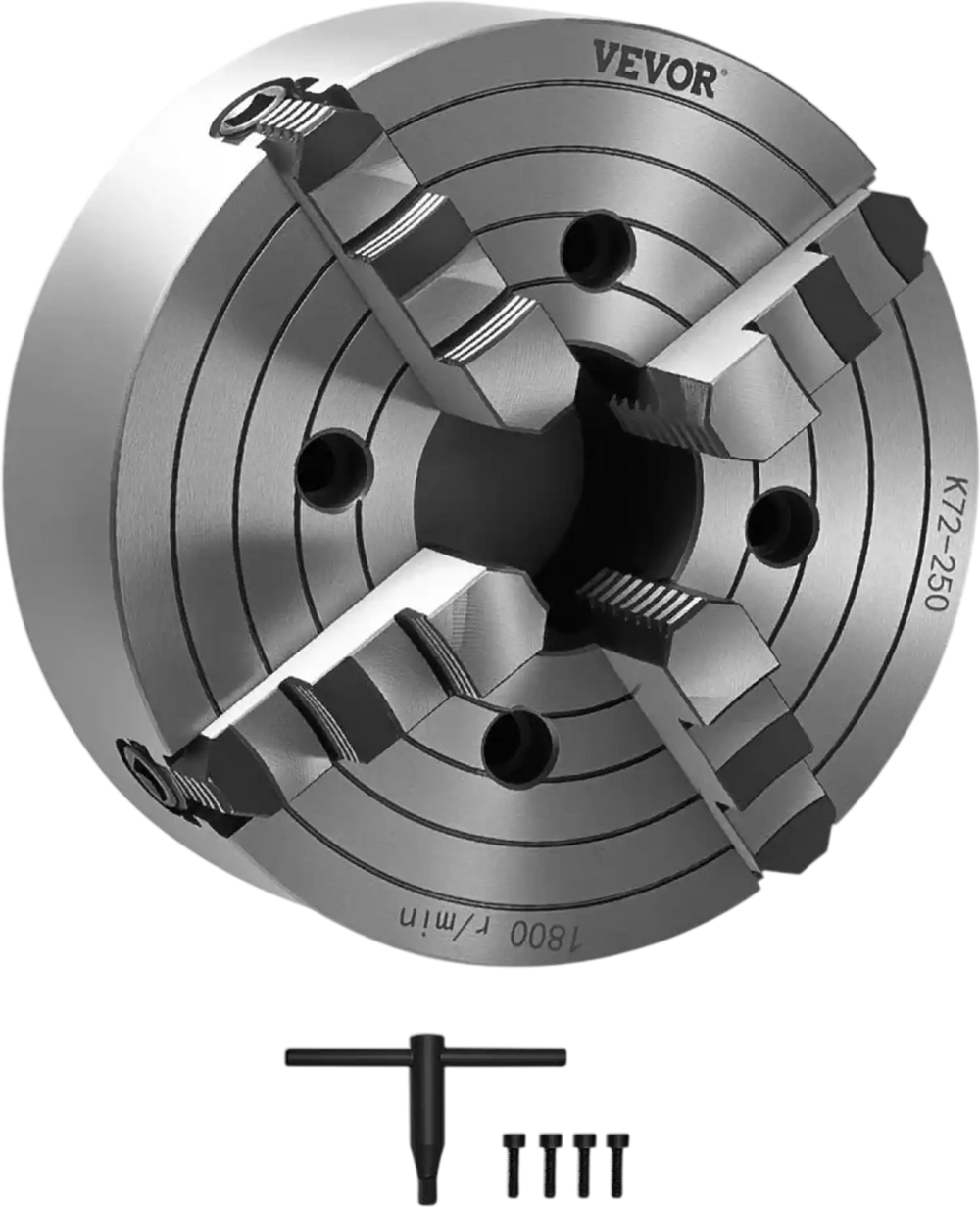 VEVOR 4-Jaw Lathe Chuck, 10 in (250 mm), Lathe Chuck, 0.6-9.84 in (15-250 mm) Clamping Range with T-key Fixing Screws Reversible Jaws, HT300 Cast Iron Material, Internal External for Wood Metal Lathe