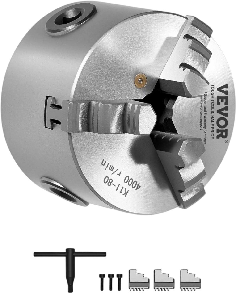 VEVOR 3-Jaw Lathe Chuck, 3 Inch (80 mm), Self-Centering Chuck, 0.08-2.48 in (2-63 mm) Clamping Range with T-key Fixing Screws Reversible Jaws, HT300 Material, Internal External for Wood Metal Lathe