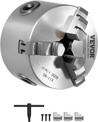 VEVOR 3-Jaw Lathe Chuck, 3 Inch (80 mm), Self-Centering Chuck, 0.08-2.48 in (2-63 mm) Clamping Range with T-key Fixing Screws Reversible Jaws, HT300 Material, Internal External for Wood Metal Lathe
