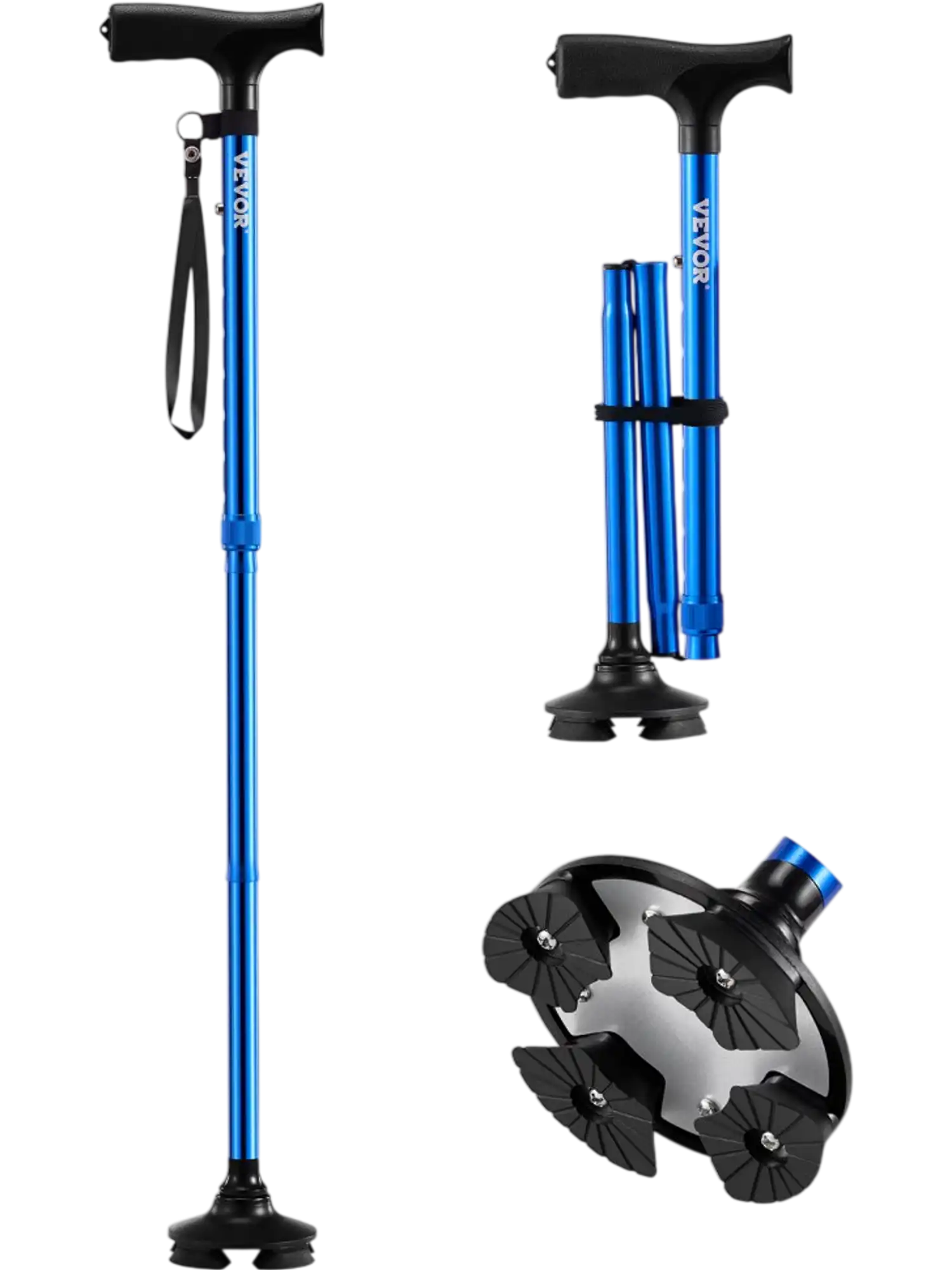 Vevor Walking Cane Folding Adjustable 4-Prong Pivoting Base Blue New