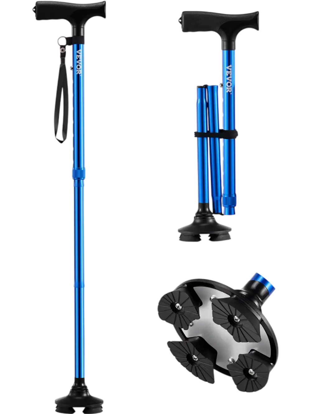 VEVOR Walking Cane for Man Woman, Folding Walking Stick with 8-Level Adjustable Height and 4-Pronged Pivoting Base, Lightweight & Portable Aluminum Mobility Aid for Senior Adult, 250LBS Loading (Blue)