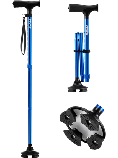 Vevor Walking Cane Folding Adjustable 4-Prong Pivoting Base Blue New