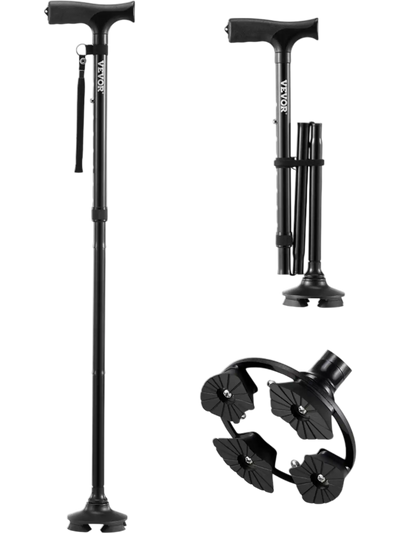 Vevor Walking Cane Folding Adjustable 4-Pronged Base New