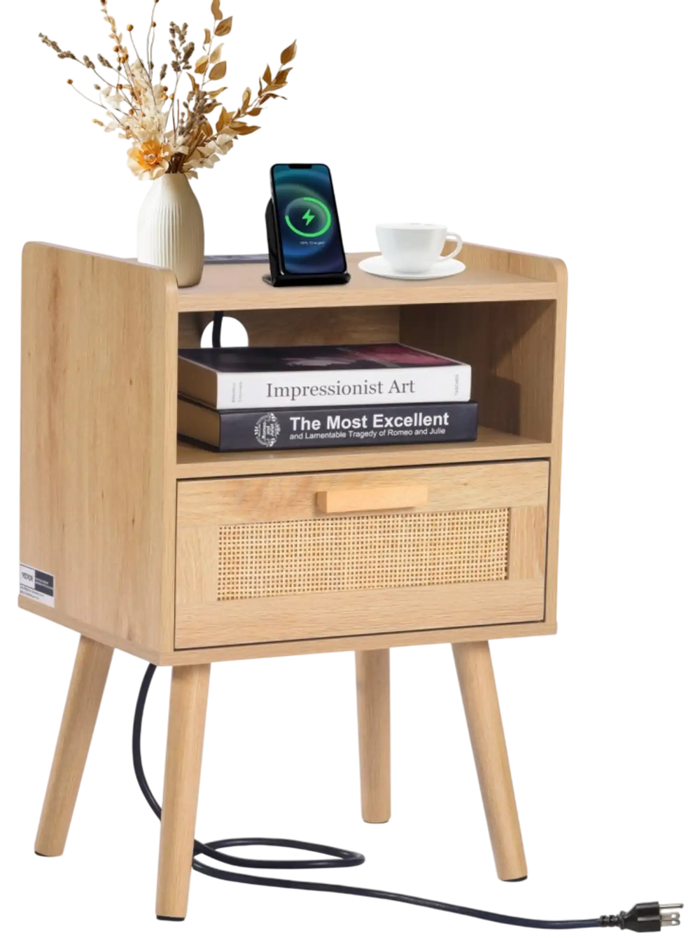 VEVOR Rattan Nightstand, Boho Bedside Table with Drawer Open Shelf, Rattan End Table Wooden Nightstand with Solid Wood Legs, Rattan Side Table with Charging Station, for Bedroom, Study & Living Room