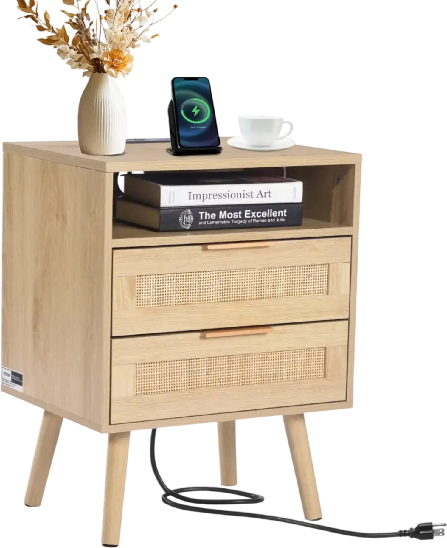 Vevor Nightstand Rattan Bedside Table with Open Shelf 2 Drawers Charging Station New