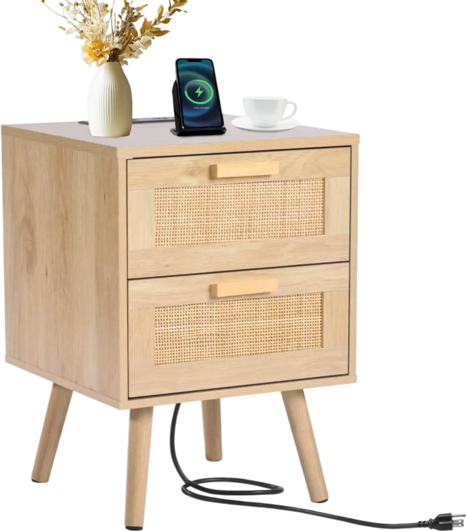 Vevor Nightstand Rattan Bedside Table with 2 Drawers and Charging Station New