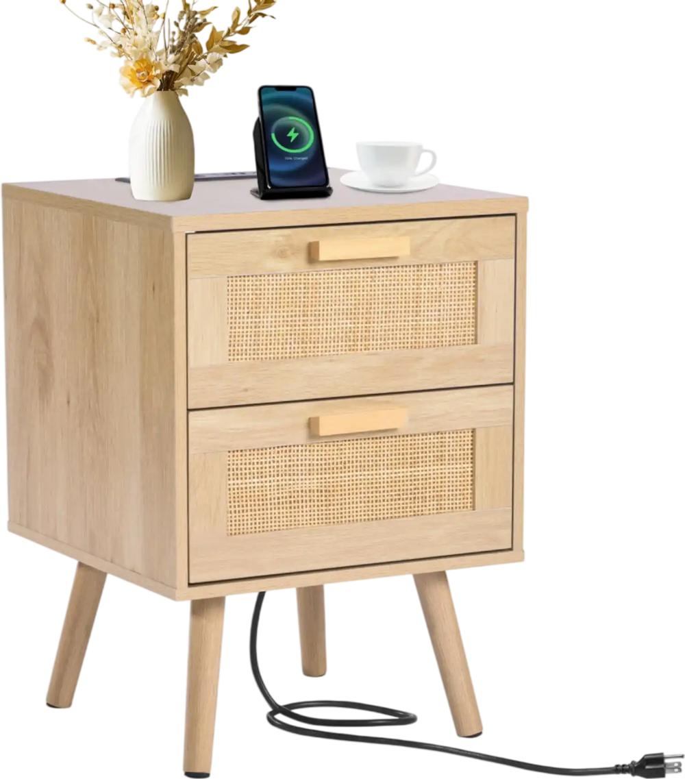 VEVOR Rattan Nightstand, Boho Bedside Table with 2 Drawers, Rattan End Table Nightstand with Solid Wood Legs, Rattan Bedside Table with Charging Station, for Bedroom, Study & Living Room
