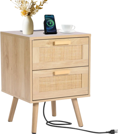Vevor Nightstand Rattan Bedside Table with 2 Drawers and Charging Station New
