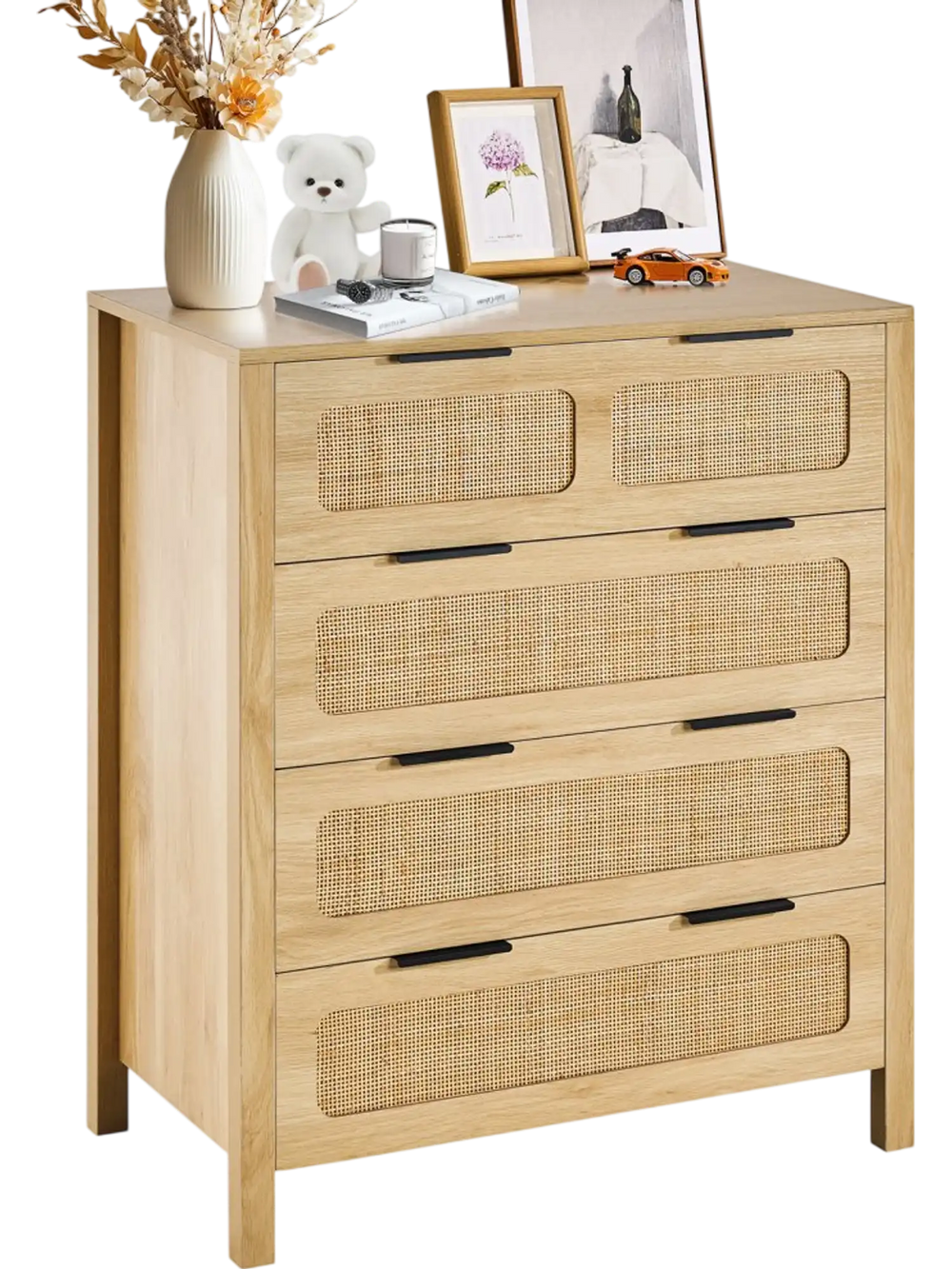 VEVOR 4 Drawer Rattan Dresser, Boho Dresser, Rattan Chest of Drawers with Spacious Storage, Natural Rattan Dresser for Bedroom, Living Room & Hallway,Rattan Nightstand with Sturdy Handles&Legs, Brown