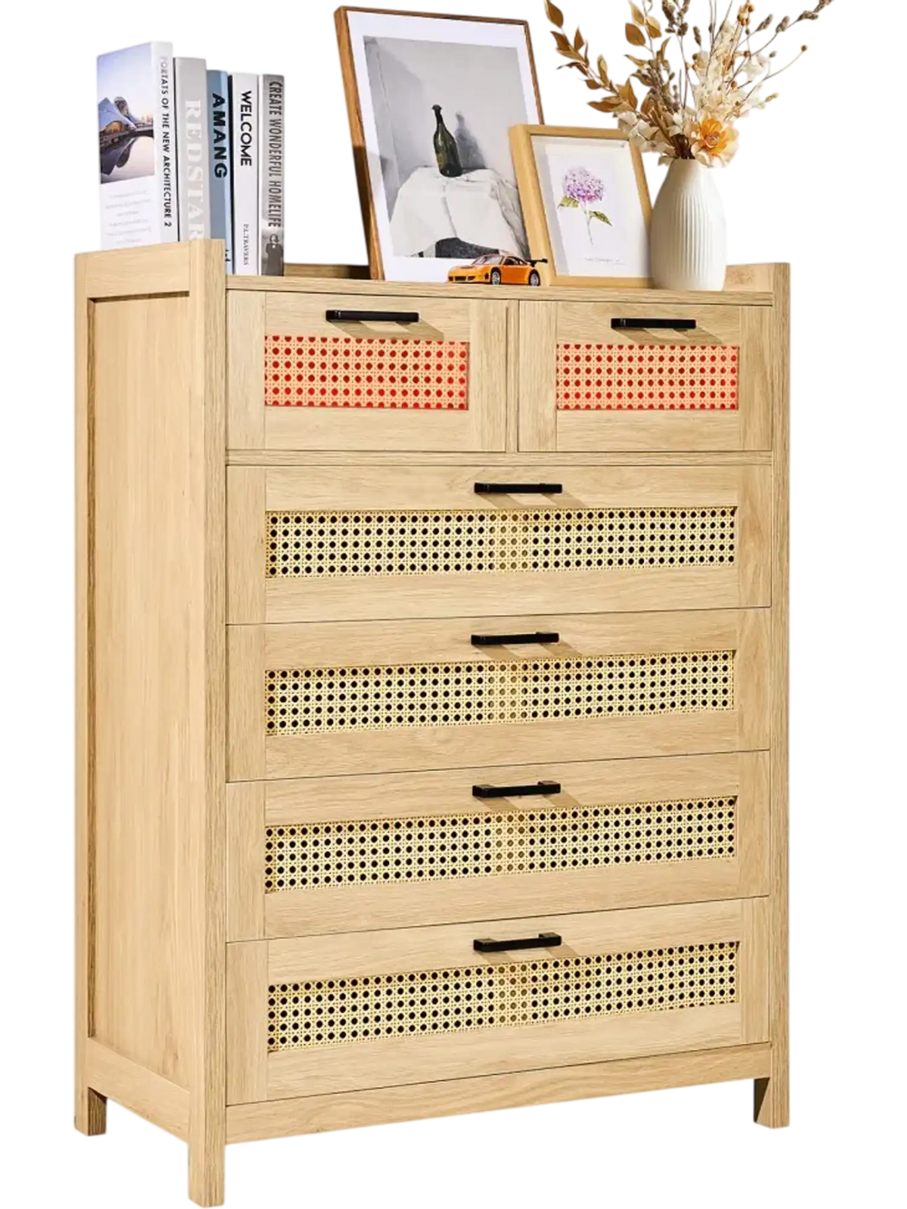 VEVOR 5 Drawer Rattan Dresser, Boho Dresser, Rattan Chest of Drawers with Spacious Storage, Natural Rattan Dresser for Bedroom, Living Room & Hallway,Rattan Nightstand with Sturdy Handles&Legs, Brown