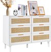 VEVOR 6 Drawer Rattan Dresser, Boho Dresser, Rattan Chest of Drawers with Spacious Storage, Natural Rattan Dresser for Bedroom, Living Room & Hallway,Rattan Nightstand with Sturdy Handles&Legs, White