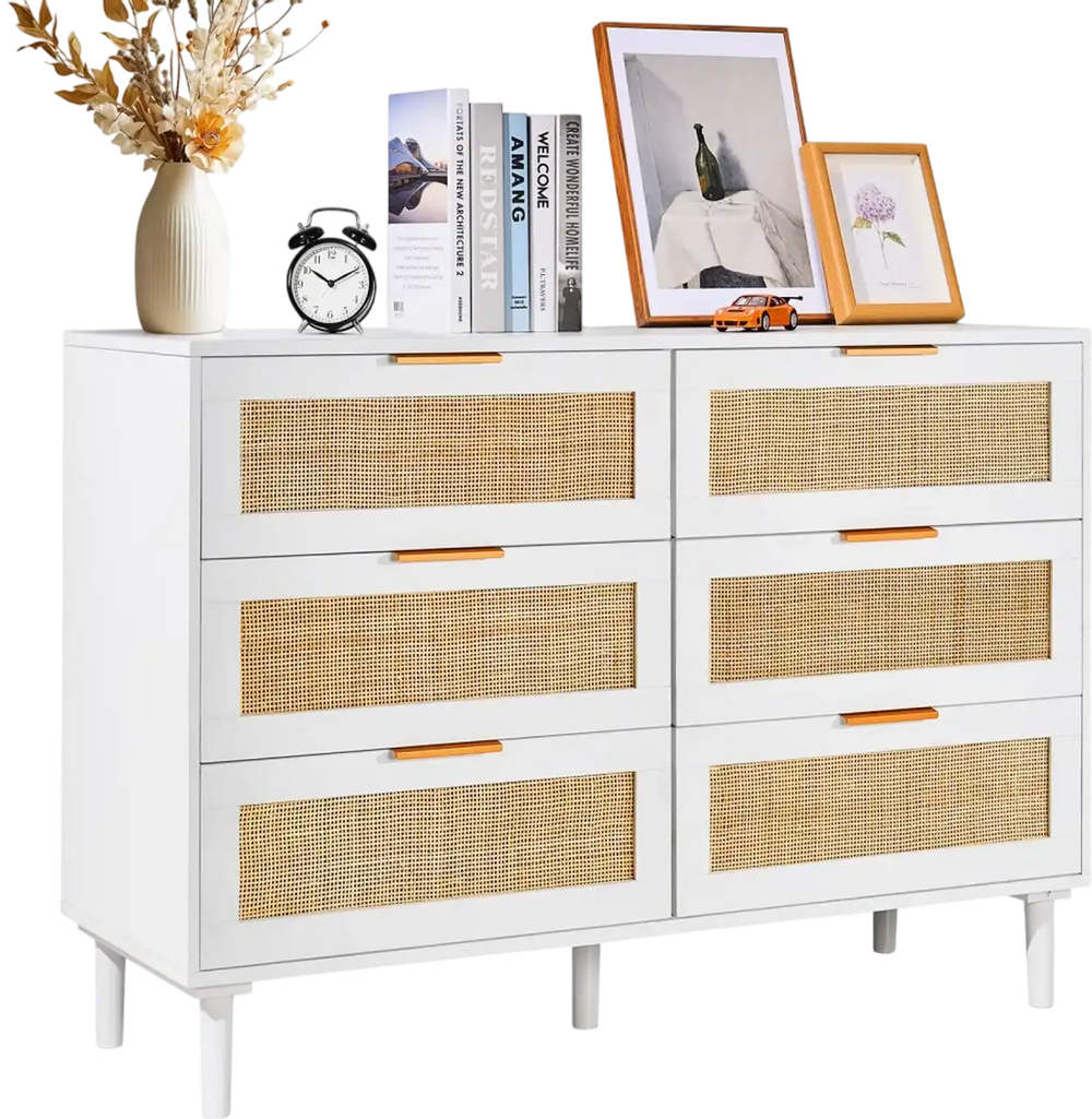 VEVOR 6 Drawer Rattan Dresser, Boho Dresser, Rattan Chest of Drawers with Spacious Storage, Natural Rattan Dresser for Bedroom, Living Room & Hallway,Rattan Nightstand with Sturdy Handles&Legs, White