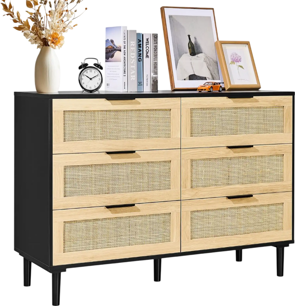 VEVOR 6 Drawer Rattan Dresser, Natural Rattan Closet Dresser with 6 Drawers, Modern Wood Chest Clothing Organizer & Storage Boho Dresser with Sturdy Handles & Legs, for Bedroom, Living Room & Hallway