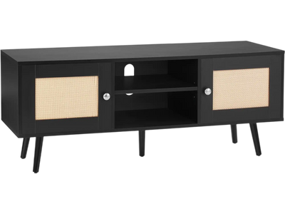VEVOR Rattan TV Stand, Boho TV Cabinet for 55 inch TV, Mid Century Modern TV Stand, Rattan TV Console with Adjustable Shelfs for  Living Room, Media Room, Black